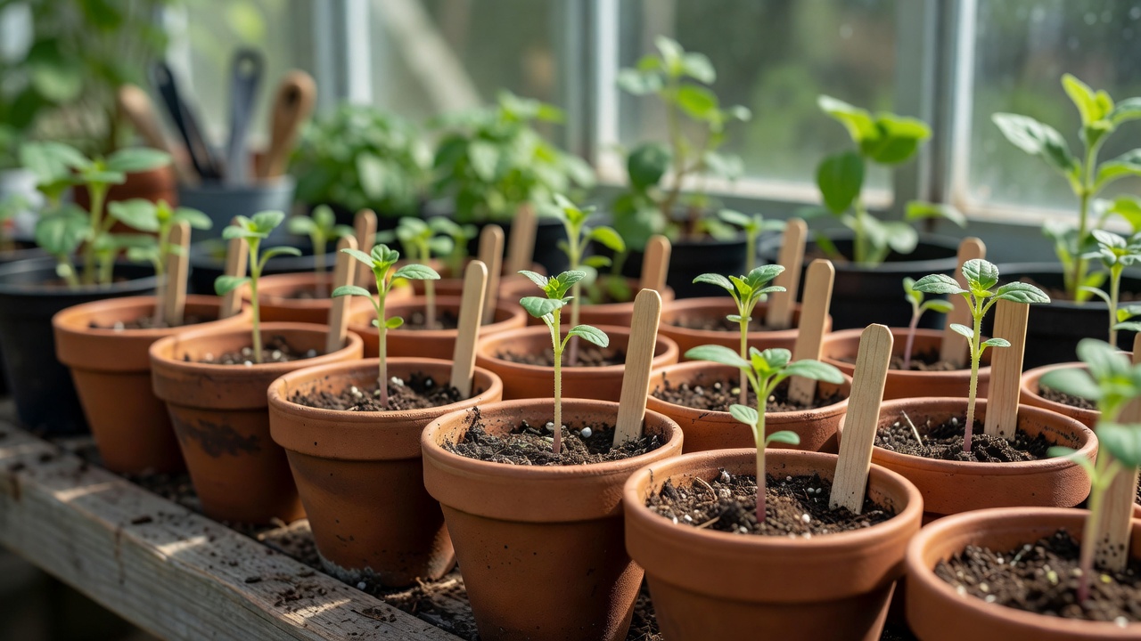 Documentary photograph of young herb plants in individual labelled pots