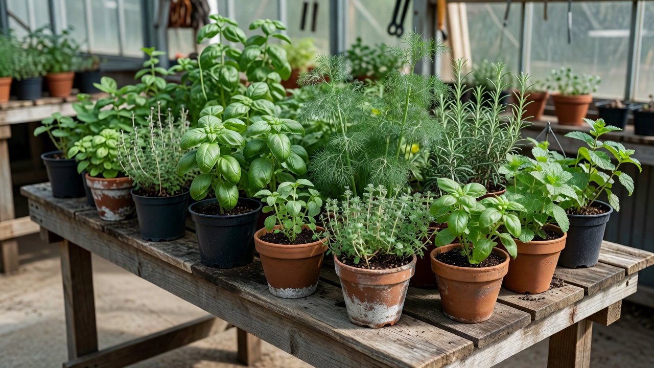 Documentary photograph of potted culinary herbs arranged on a growing bench